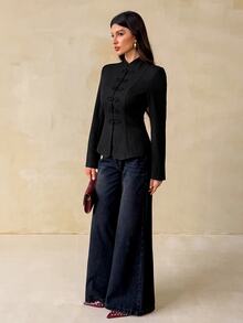 SHEIN Tall Women's Frog Button Casual Daily Long Sleeve Blazer - Black - View 10