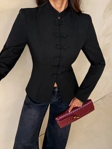 SHEIN Tall Women's Frog Button Casual Daily Long Sleeve Blazer - Black - View 7