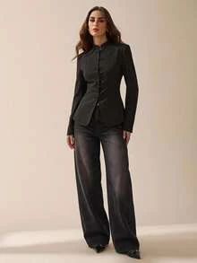 SHEIN Tall Women's Frog Button Casual Daily Long Sleeve Blazer - Black - View 6