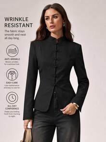 SHEIN Tall Women's Frog Button Casual Daily Long Sleeve Blazer - Black - View 3