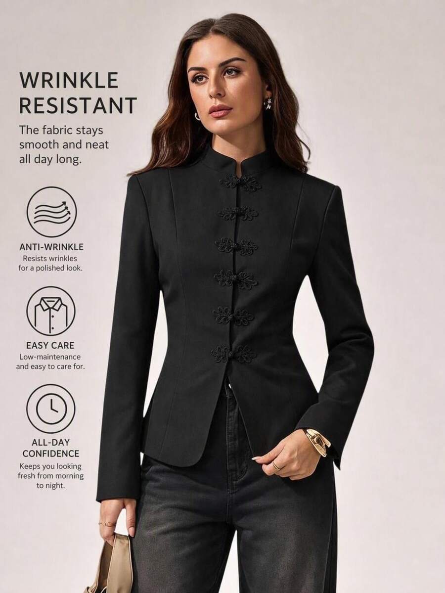 SHEIN Tall Women's Frog Button Casual Daily Long Sleeve Blazer - Black - View 1