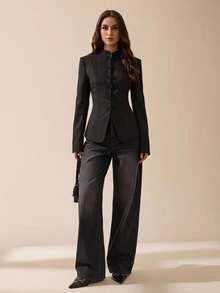 SHEIN Tall Women's Frog Button Casual Daily Long Sleeve Blazer - Black - View 5