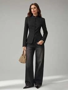 SHEIN Tall Women's Frog Button Casual Daily Long Sleeve Blazer - Black - View 9