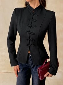 SHEIN Tall Women's Frog Button Casual Daily Long Sleeve Blazer - Black - View 8