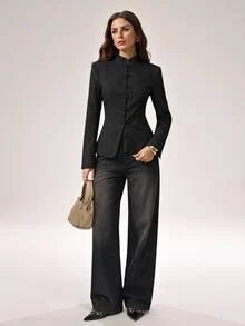 SHEIN Tall Women's Frog Button Casual Daily Long Sleeve Blazer - Black - View 11