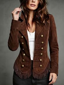 Yalmera Women's Elegant Double-Breasted Button Fringe Long Sleeve Jacket - Brown - View 3