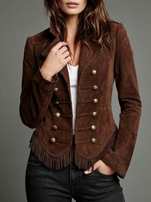 Yalmera Women's Elegant Double-Breasted Button Fringe Long Sleeve Jacket - Brown - View 6