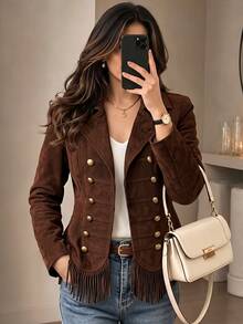 Yalmera Women's Elegant Double-Breasted Button Fringe Long Sleeve Jacket - Brown - View 1