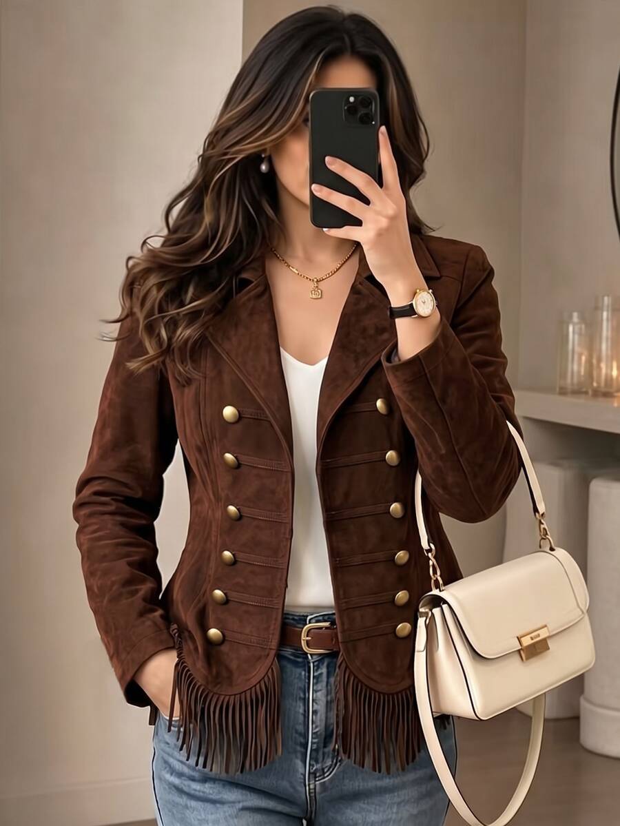 Yalmera Women's Elegant Double-Breasted Button Fringe Long Sleeve Jacket - Brown - View 1