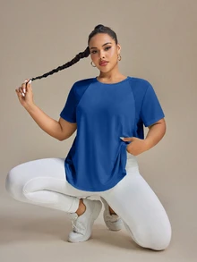 SHEIN Rhythm Era 大尺碼女款圓領短袖休閒健身運動T恤健身房上衣 - 寶藍色 - 查看 7