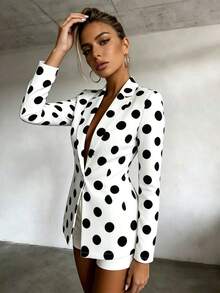 SHEIN Raffinéa 女士波点印花纽扣长袖西装外套 - 黑與白 - 查看 6