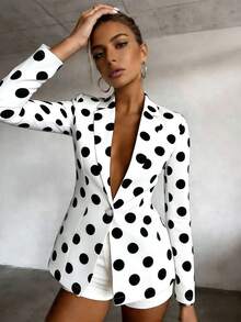 SHEIN Raffinéa 女士波点印花纽扣长袖西装外套 - 黑與白 - 查看 3