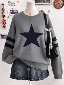 Resyla 女士休闲撞色条纹星形图案圆领毛衣，秋冬款 - 灰色 - 查看 3