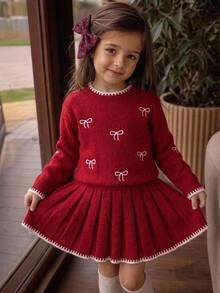 SHEIN Young Girl Knit Contrast Kids Color Bow Pattern Round Neck Casual Autumn Winter Sweater - Multicolor - View 2