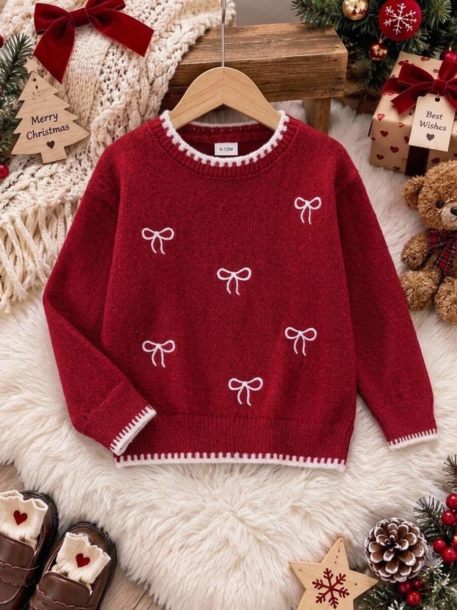 SHEIN Young Girl Knit Contrast Kids Color Bow Pattern Round Neck Casual Autumn Winter Sweater - Multicolor - View 1
