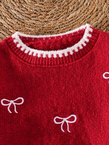 SHEIN Young Girl Knit Contrast Kids Color Bow Pattern Round Neck Casual Autumn Winter Sweater - Multicolor - View 3