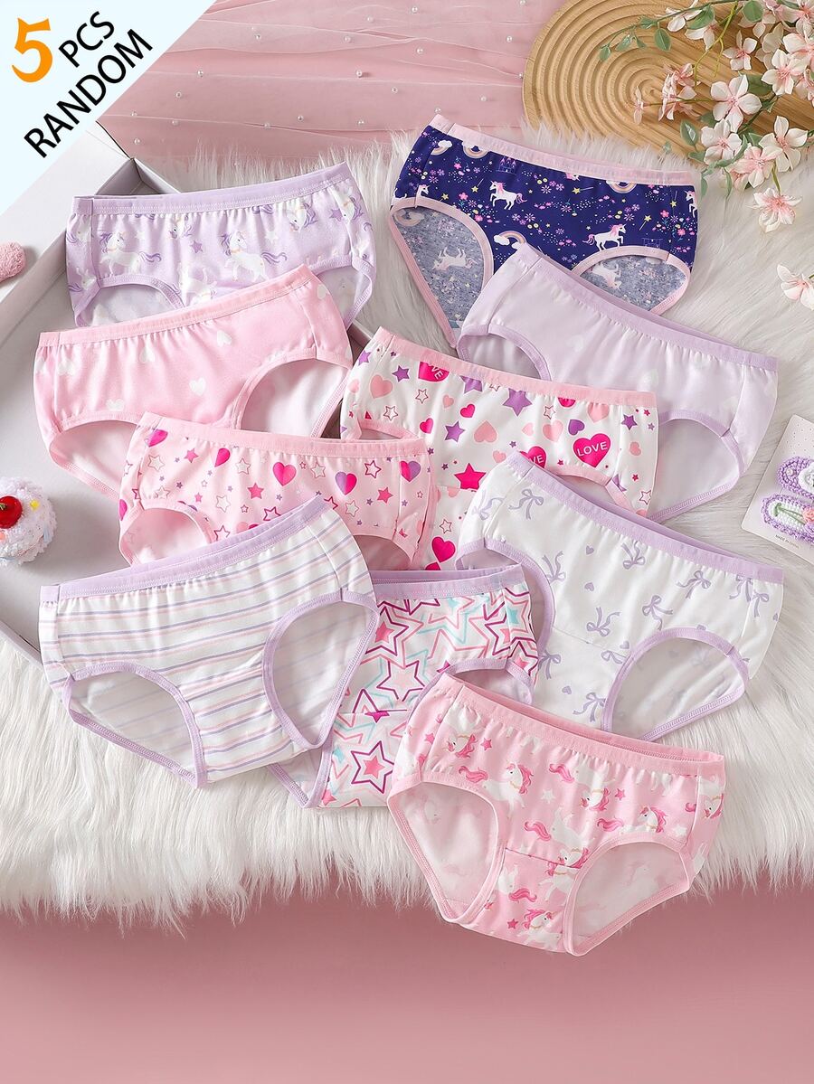 SHEIN Random 5 Pcs Young Girl Unicorn Heart Bow Triangle Bloomers Cute Mixed Print Young Girl Bottoms - Multicolor - View 1
