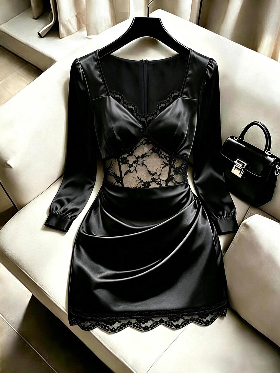 SHEIN LUNE Women's Elegant Waist-Cinching Lace Patchwork Satin Long Sleeve Bodycon Mini Dress - Black - View 1