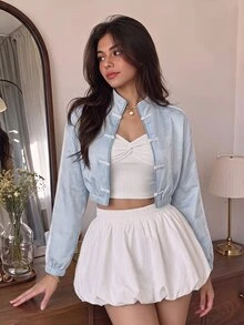 SHEIN MOD Women's New Chinese Style Stand Collar Frog Button Cinched Waist Fashion Ultra Short Jacket,Cute Summer Outfits, - Multicolor - View 4