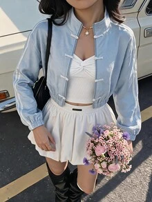 SHEIN MOD Women's New Chinese Style Stand Collar Frog Button Cinched Waist Fashion Ultra Short Jacket,Cute Summer Outfits, - Multicolor - View 1