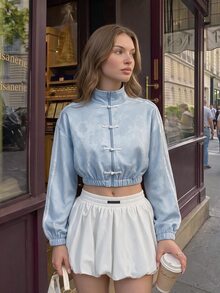 SHEIN MOD Women's New Chinese Style Stand Collar Frog Button Cinched Waist Fashion Ultra Short Jacket,Cute Summer Outfits, - Multicolor - View 8