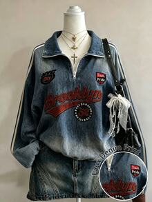 Collagica Collagica [Denim Effect] 女款復古磨損牛仔效果半拉鍊運動衫，春秋款，字母印花配側條紋，寬鬆套頭上衣 - 灰色 - 查看 2