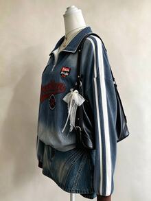 Collagica Collagica [Denim Effect] 女款復古磨損牛仔效果半拉鍊運動衫，春秋款，字母印花配側條紋，寬鬆套頭上衣 - 灰色 - 查看 6