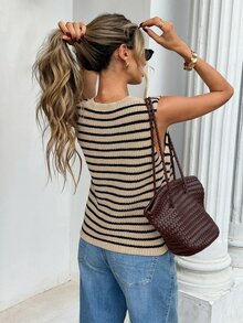SHEIN Frenchy Women Striped Sleeveless Frog Button Sweater Vest Crew Neck Ribbed Knit Vest Preppy Vintage College Style Fall Layering Outfits Casual Sweater - Multicolor - View 2