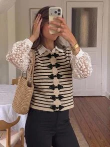 SHEIN Frenchy Women Striped Sleeveless Frog Button Sweater Vest Crew Neck Ribbed Knit Vest Preppy Vintage College Style Fall Layering Outfits Casual Sweater - Multicolor - View 4