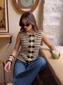 SHEIN Frenchy Women Striped Sleeveless Frog Button Sweater Vest Crew Neck Ribbed Knit Vest Preppy Vintage College Style Fall Layering Outfits Casual Sweater - Multicolor - View 1