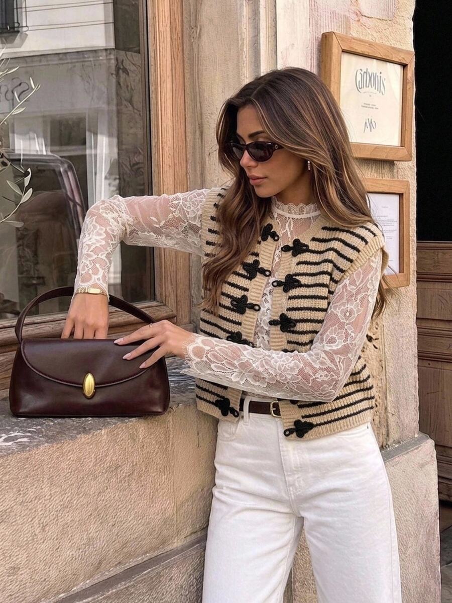 SHEIN Frenchy Women Striped Sleeveless Frog Button Sweater Vest Crew Neck Ribbed Knit Vest Preppy Vintage College Style Fall Layering Outfits Casual Sweater - Multicolor - View 1