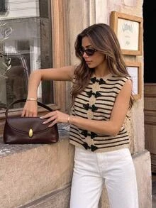 SHEIN Frenchy Women Striped Sleeveless Frog Button Sweater Vest Crew Neck Ribbed Knit Vest Preppy Vintage College Style Fall Layering Outfits Casual Sweater - Multicolor - View 9