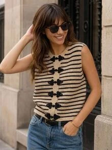SHEIN Frenchy Women Striped Sleeveless Frog Button Sweater Vest Crew Neck Ribbed Knit Vest Preppy Vintage College Style Fall Layering Outfits Casual Sweater - Multicolor - View 5