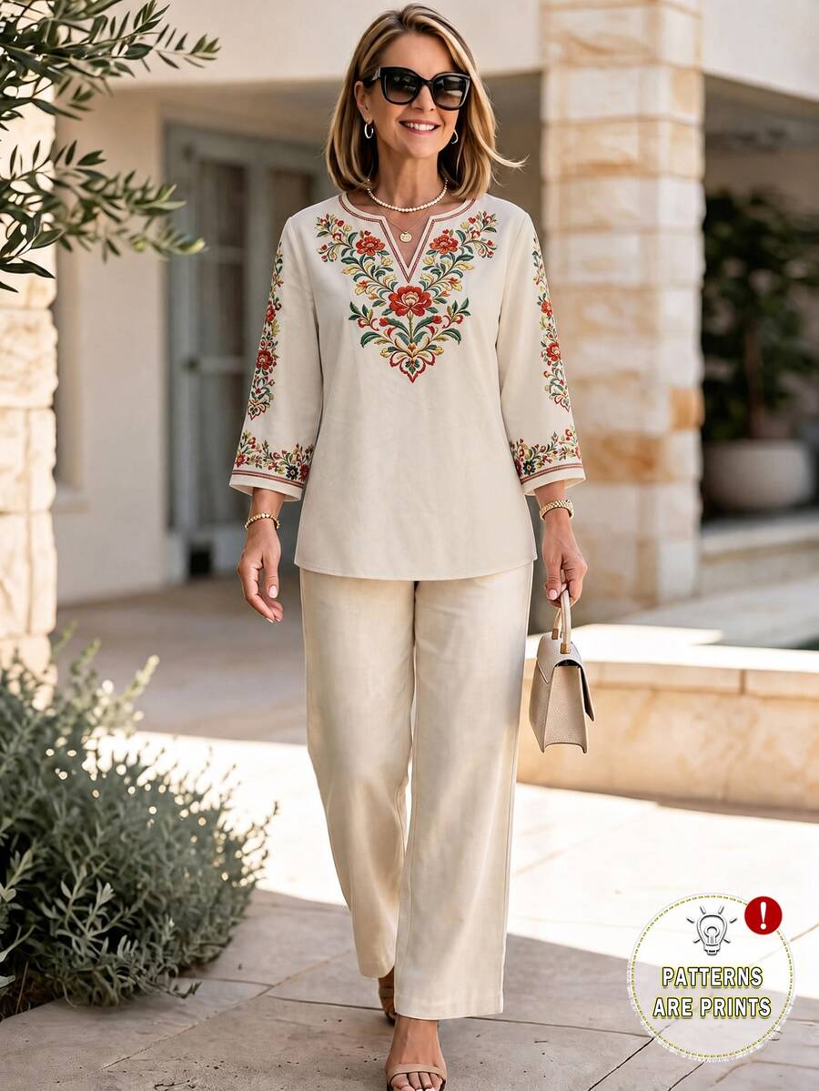 Miaspire Women's Bohemian Floral Print V-Neck Long Sleeve Shirt And Pants 2 Pieces Set, Autumn/Winter