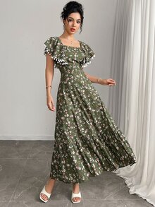 Modelyn Women's Ditsy Floral Ruffled Long Dress Summer Clothing Garden Party Tea Party Picnic Vacation Dark Green Floral Cottage Core Boho - Army Green - View 9