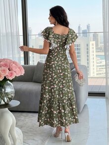 Modelyn Women's Ditsy Floral Ruffled Long Dress Summer Clothing Garden Party Tea Party Picnic Vacation Dark Green Floral Cottage Core Boho - Army Green - View 3