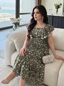 Modelyn Women's Ditsy Floral Ruffled Long Dress Summer Clothing Garden Party Tea Party Picnic Vacation Dark Green Floral Cottage Core Boho - Army Green - View 5