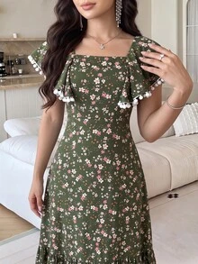 Modelyn Women's Ditsy Floral Ruffled Long Dress Summer Clothing Garden Party Tea Party Picnic Vacation Dark Green Floral Cottage Core Boho - Army Green - View 6