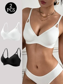 Napfluff Women 2 Colors Deep V-Neck Cutout Straps Seamless Bra Wireless T-Shirt Push Up 2 Pack Everyday Wear - Multicolor - View 4
