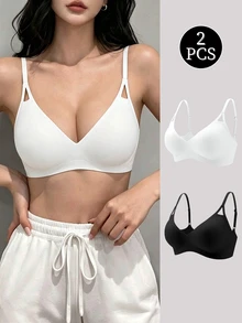 Napfluff Women 2 Colors Deep V-Neck Cutout Straps Seamless Bra Wireless T-Shirt Push Up 2 Pack Everyday Wear - Multicolor - View 2