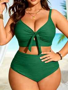 SHEIN Swim Plus Size Women 2 Pieces Cream Twist V-Neck High Waist Bikini Swimsuit For Beach Vacation Summer Sexy Tropical Modest - Green - View 6