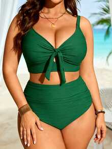 SHEIN Swim Plus Size Women 2 Pieces Cream Twist V-Neck High Waist Bikini Swimsuit For Beach Vacation Summer Sexy Tropical Modest - Green - View 1