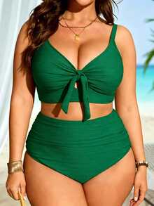 SHEIN Swim Plus Size Women 2 Pieces Cream Twist V-Neck High Waist Bikini Swimsuit For Beach Vacation Summer Sexy Tropical Modest - Green - View 3
