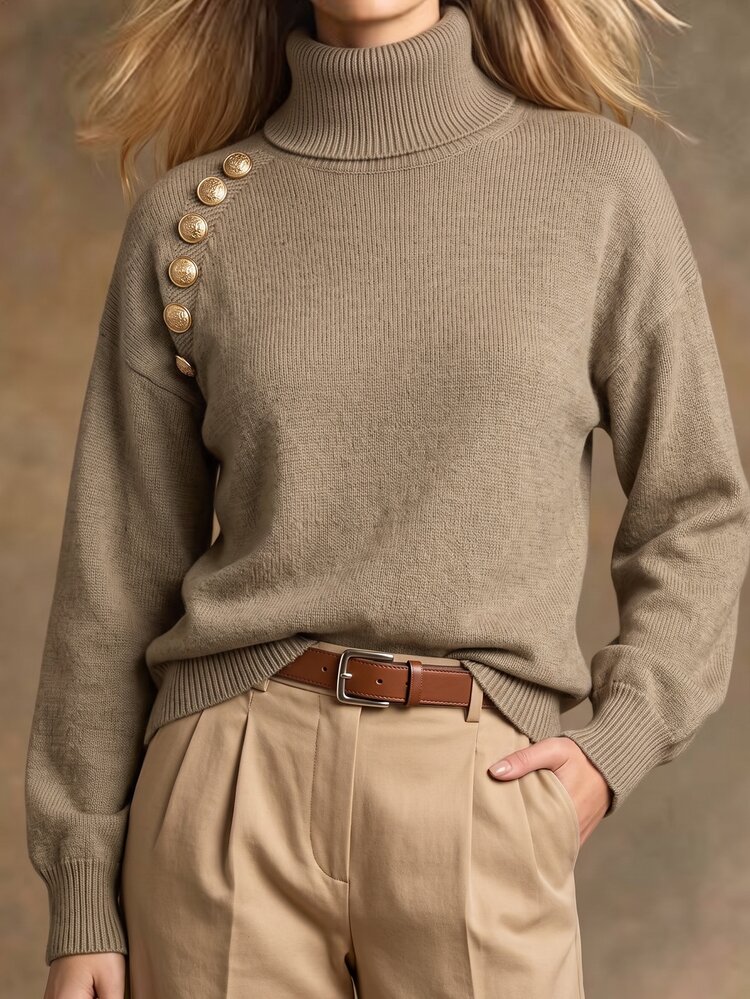 Omancia Women's Solid Color Casual Versatile Daily Wear Long Sleeve Sweater - Khaki - View 4