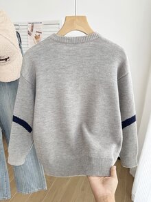 大童男孩拼色落肩袖麻花編織毛衣，秋季/校園灰色休閒可愛街頭經典款 - 灰色 - 查看 2