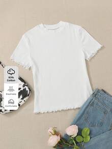 SHEIN Essnce تي شيرت محبوك مضلع بعنق مستدير مقاس كبير - أبيض - مشاهدة 1