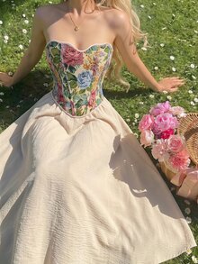 SHEIN MOD Beige Court Style Strapless Top Flared Long Skirt Set Cottage High Waist Pleated A Line Midi Textured Knit Picnic Garden Tea Party Summer - Apricot - View 10