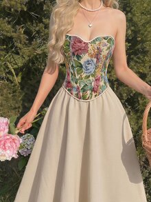SHEIN MOD Beige Court Style Strapless Top Flared Long Skirt Set Cottage High Waist Pleated A Line Midi Textured Knit Picnic Garden Tea Party Summer - Apricot - View 2