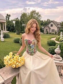 SHEIN MOD Beige Court Style Strapless Top Flared Long Skirt Set Cottage High Waist Pleated A Line Midi Textured Knit Picnic Garden Tea Party Summer - Apricot - View 1