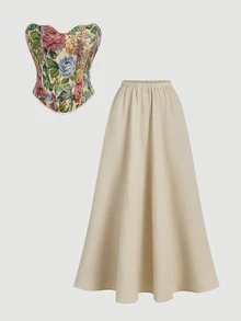 SHEIN MOD Beige Court Style Strapless Top Flared Long Skirt Set Cottage High Waist Pleated A Line Midi Textured Knit Picnic Garden Tea Party Summer - Apricot - View 5